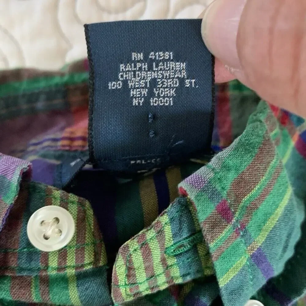 Ralph Lauren Long Sleeve Button Down Vibrant Colorful Plaid Shirt 3T 100% Cotton